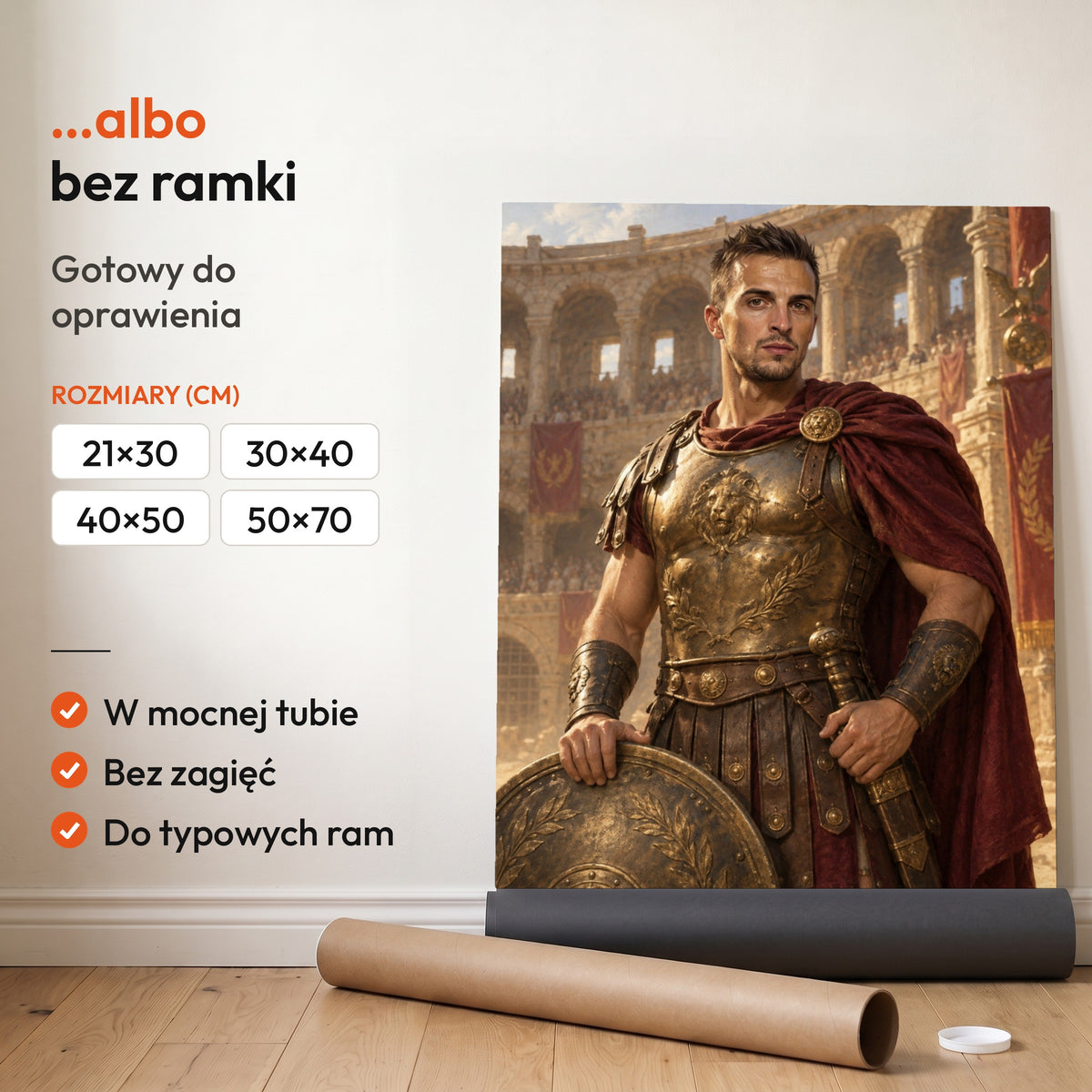 Gladiator — plakat bez ramki, gotowy do oprawienia: rozwinięty z rolki, obok tuba do wysyłki. C-PL-ROY-22-2130-NF