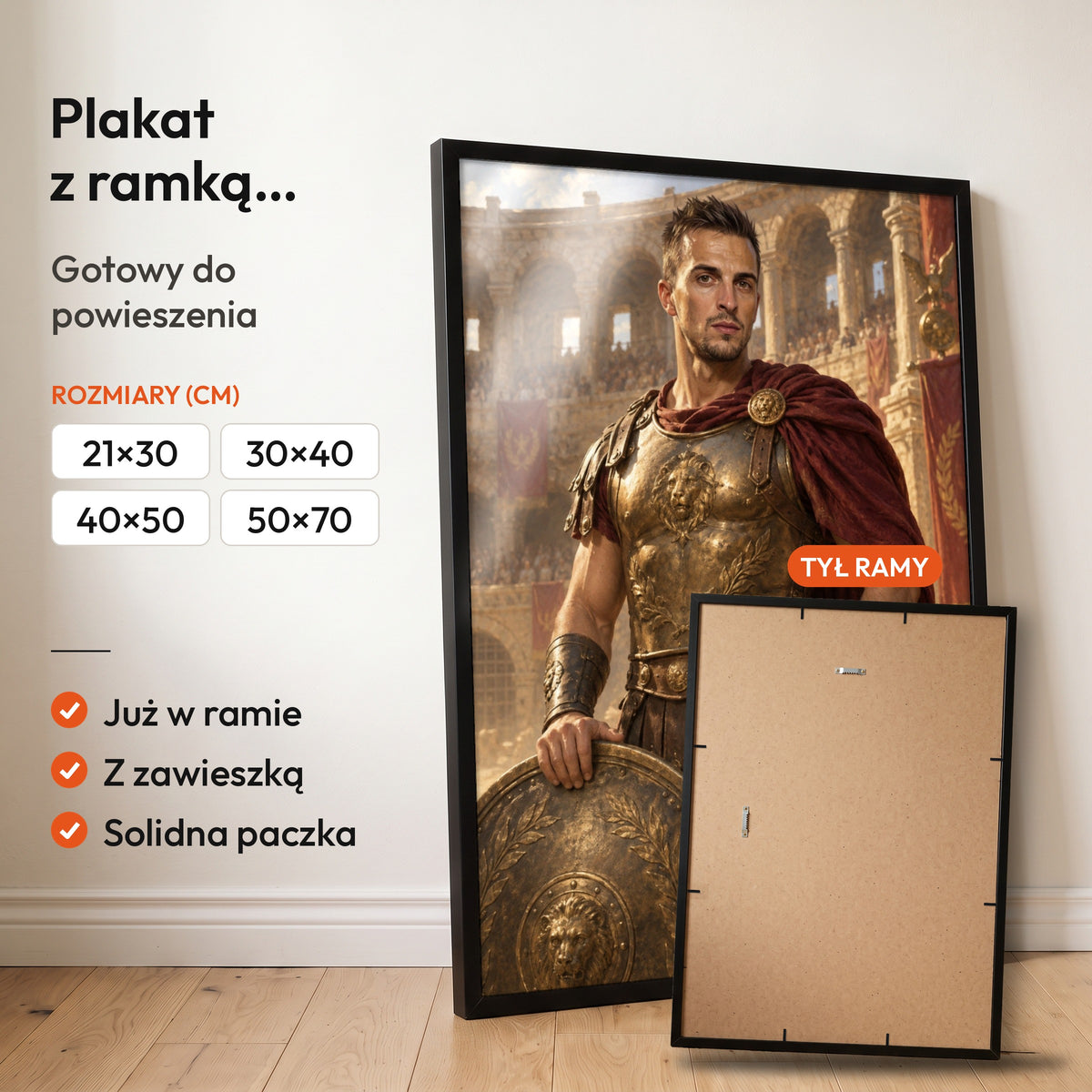 Gladiator — plakat z ramką, gotowy do powieszenia: czarna rama od przodu i tył ramy z zawieszką. C-PL-ROY-22-2130-NF
