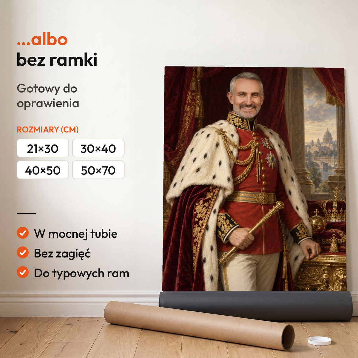 Imperator — plakat bez ramki, gotowy do oprawienia: rozwinięty z rolki, obok tuba do wysyłki. C-PL-ROY-10-2130-NF