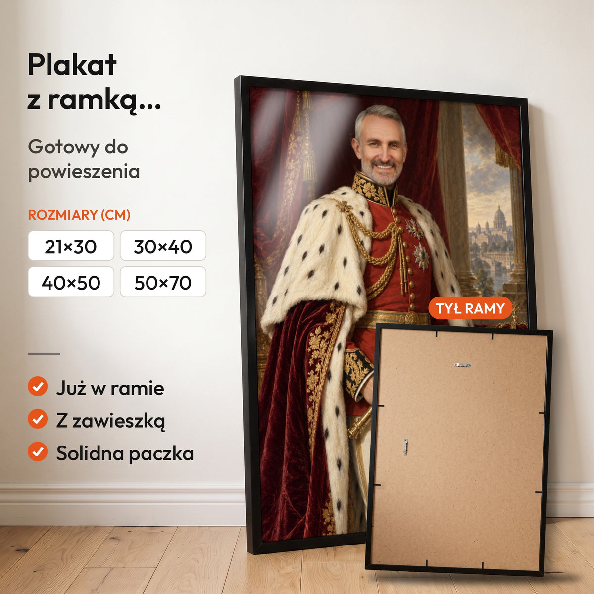 Imperator — plakat z ramką, gotowy do powieszenia: czarna rama od przodu i tył ramy z zawieszką. C-PL-ROY-10-2130-NF