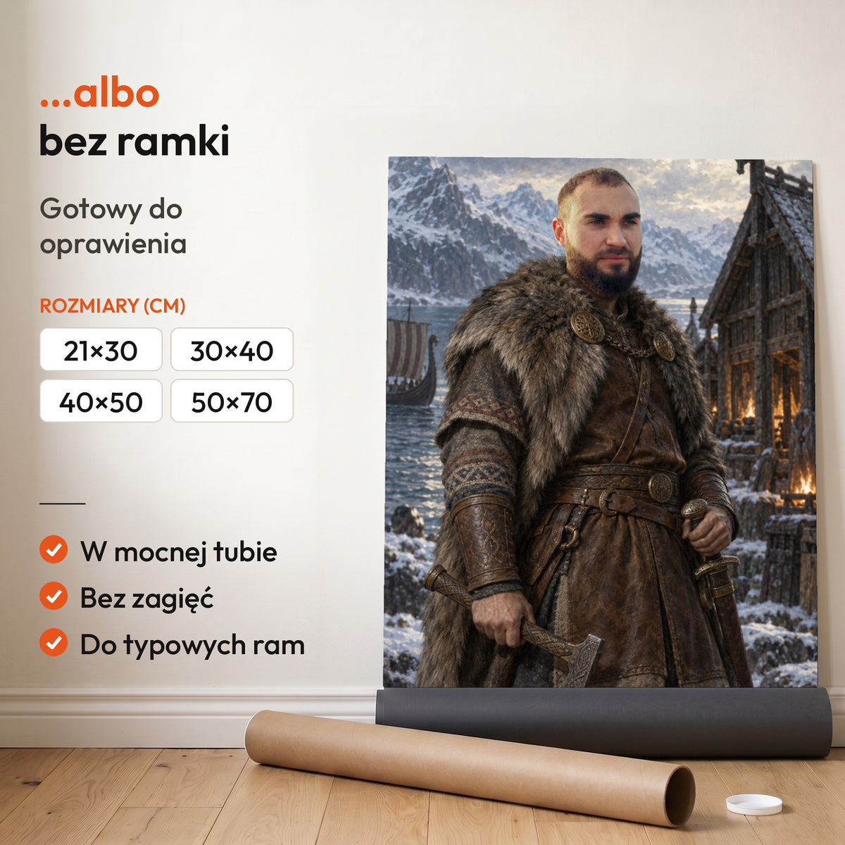 Jarl Północy — plakat bez ramki, gotowy do oprawienia: rozwinięty z rolki, obok tuba do wysyłki. C-PL-ROY-15-2130-NF