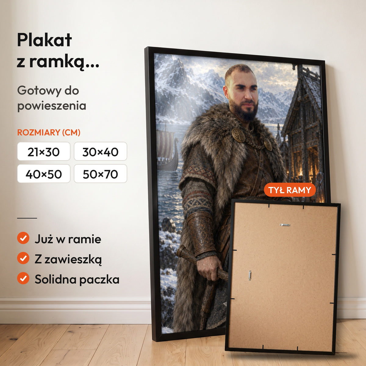 Jarl Północy — plakat z ramką, gotowy do powieszenia: czarna rama od przodu i tył ramy z zawieszką. C-PL-ROY-15-2130-NF