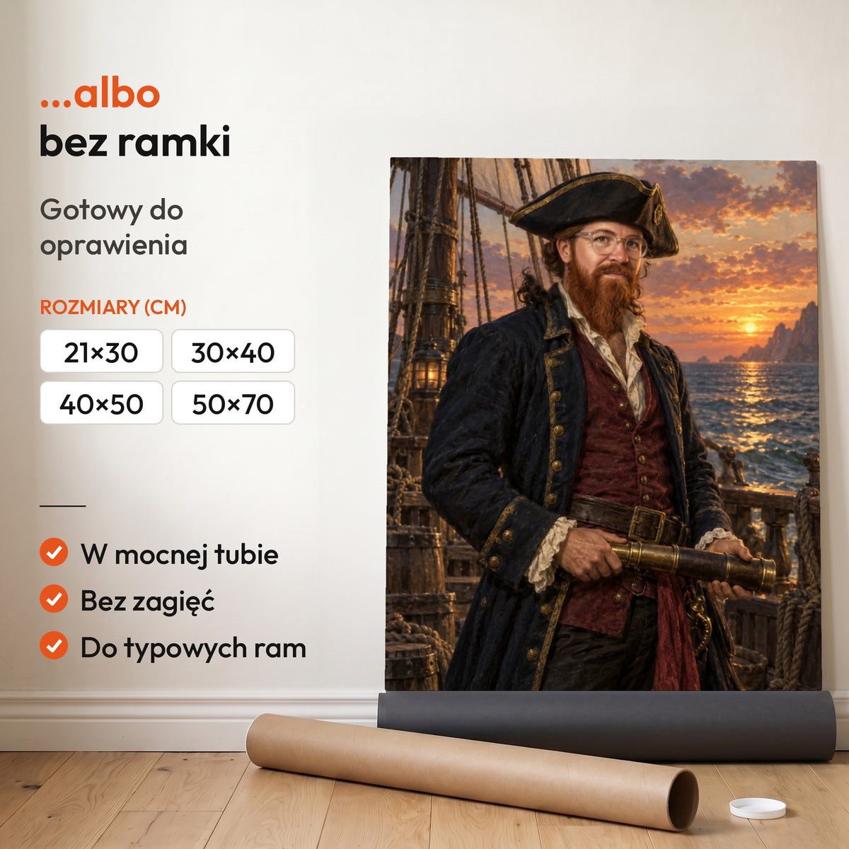 Kapitan piratów — plakat bez ramki, gotowy do oprawienia: rozwinięty z rolki, obok tuba do wysyłki. C-PL-ROY-16-2130-NF