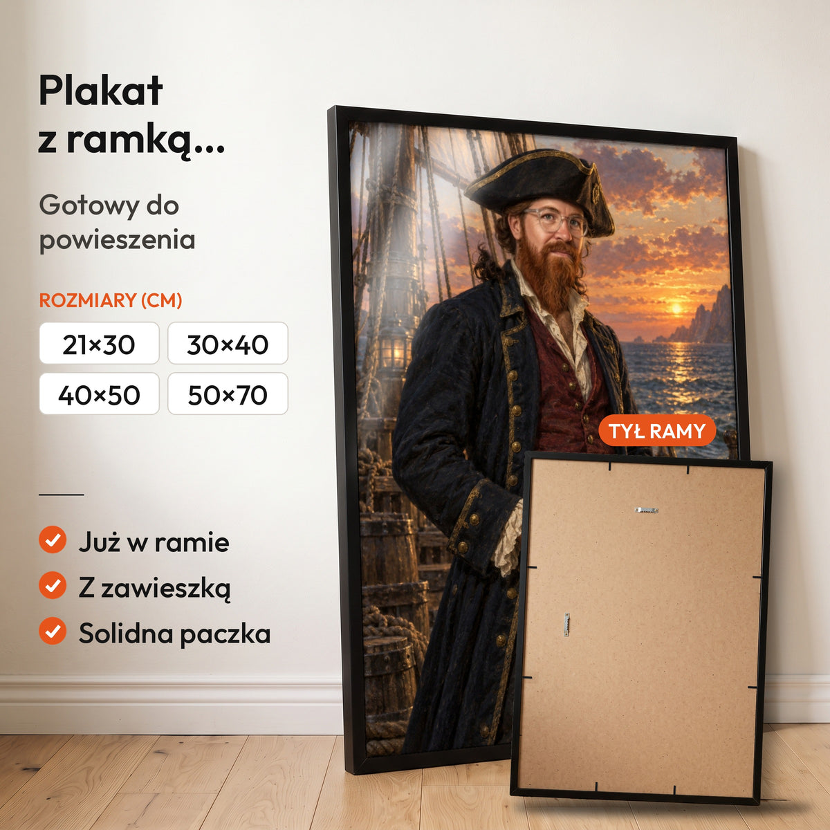 Kapitan piratów — plakat z ramką, gotowy do powieszenia: czarna rama od przodu i tył ramy z zawieszką. C-PL-ROY-16-2130-NF