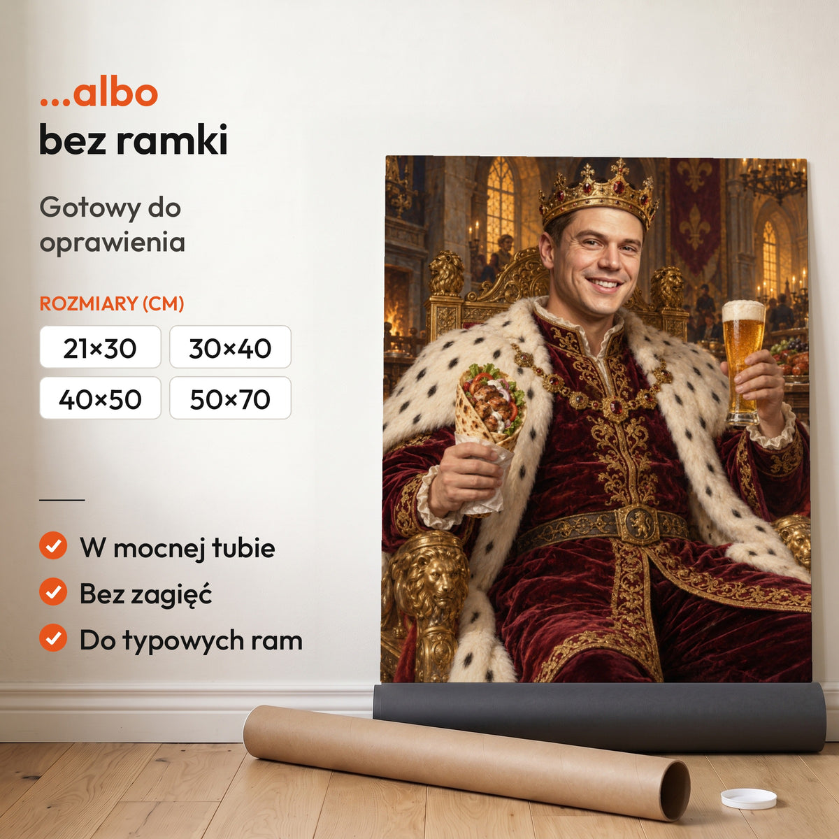Król kebaba — plakat bez ramki, gotowy do oprawienia: rozwinięty z rolki, obok tuba do wysyłki. C-PL-ROY-05-2130-NF