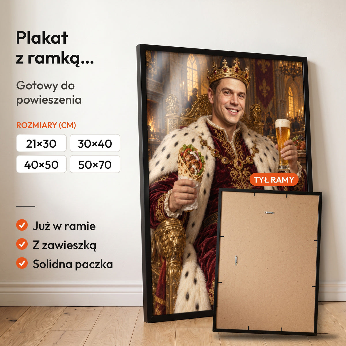 Król kebaba — plakat z ramką, gotowy do powieszenia: czarna rama od przodu i tył ramy z zawieszką. C-PL-ROY-05-2130-NF