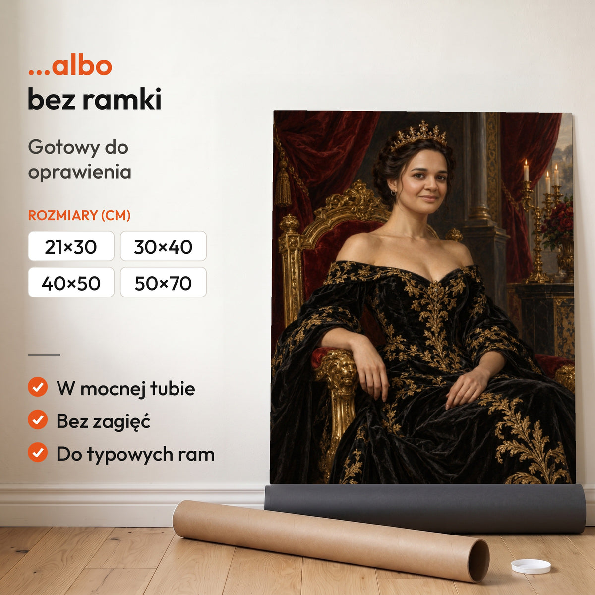 Królowa czarnego złota — plakat bez ramki, gotowy do oprawienia: rozwinięty z rolki, obok tuba do wysyłki. C-PL-ROY-07-2130-NF