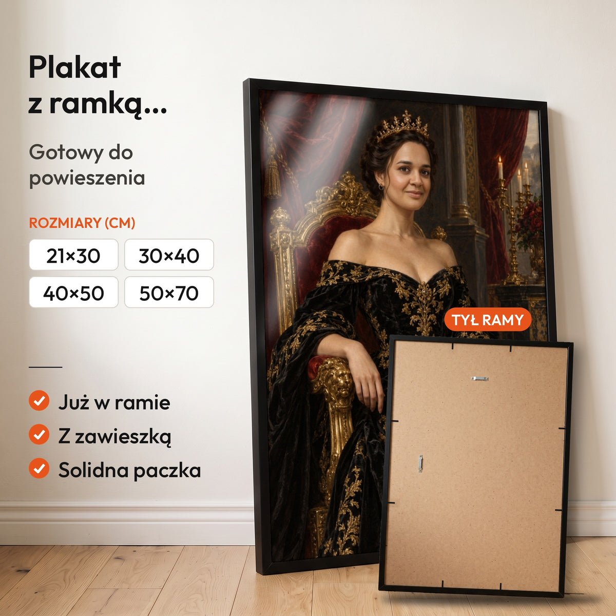 Królowa czarnego złota — plakat z ramką, gotowy do powieszenia: czarna rama od przodu i tył ramy z zawieszką. C-PL-ROY-07-2130-NF