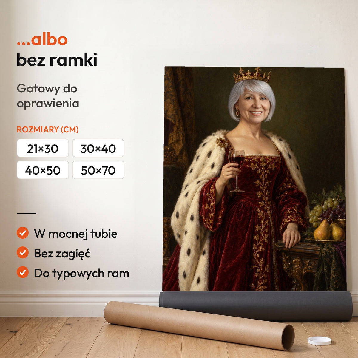 Królowa wina — plakat bez ramki, gotowy do oprawienia: rozwinięty z rolki, obok tuba do wysyłki. C-PL-ROY-11-2130-NF