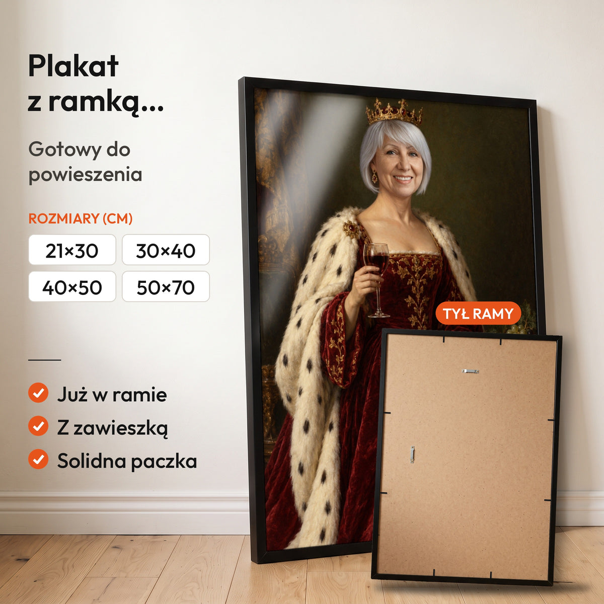 Królowa wina — plakat z ramką, gotowy do powieszenia: czarna rama od przodu i tył ramy z zawieszką. C-PL-ROY-11-2130-NF
