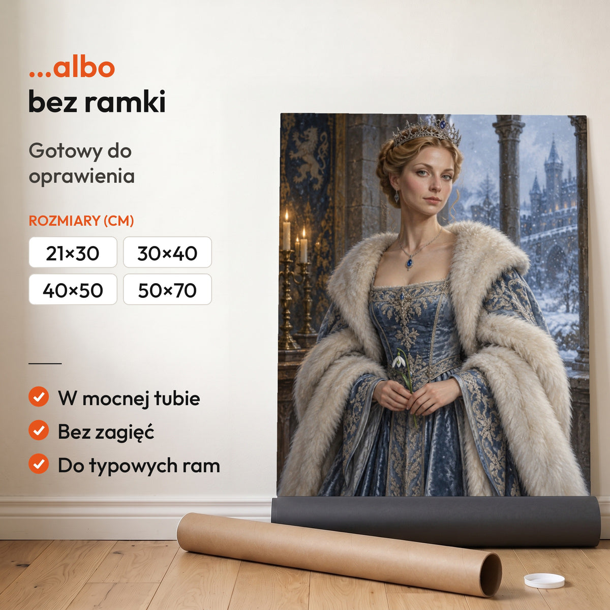 Królowa zimy — plakat bez ramki, gotowy do oprawienia: rozwinięty z rolki, obok tuba do wysyłki. C-PL-ROY-21-2130-NF