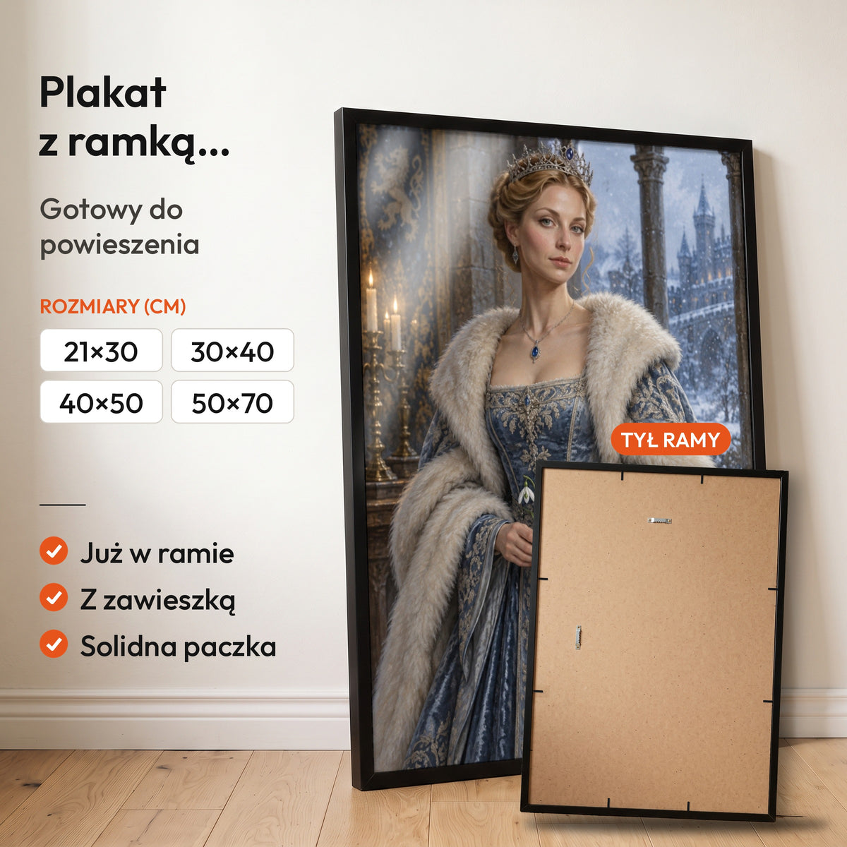 Królowa zimy — plakat z ramką, gotowy do powieszenia: czarna rama od przodu i tył ramy z zawieszką. C-PL-ROY-21-2130-NF