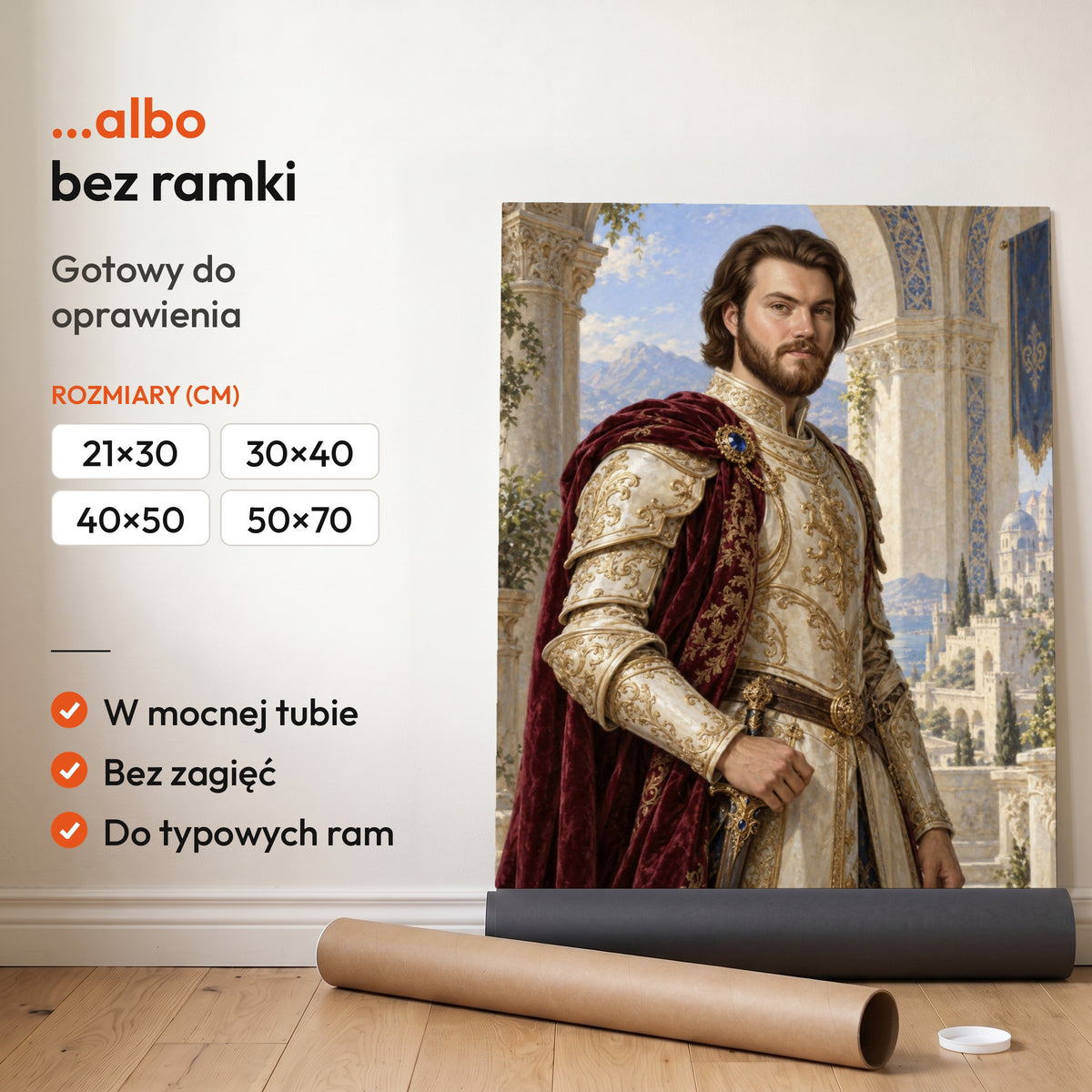 Książę złotego pałacu — plakat bez ramki, gotowy do oprawienia: rozwinięty z rolki, obok tuba do wysyłki. C-PL-ROY-13-2130-NF