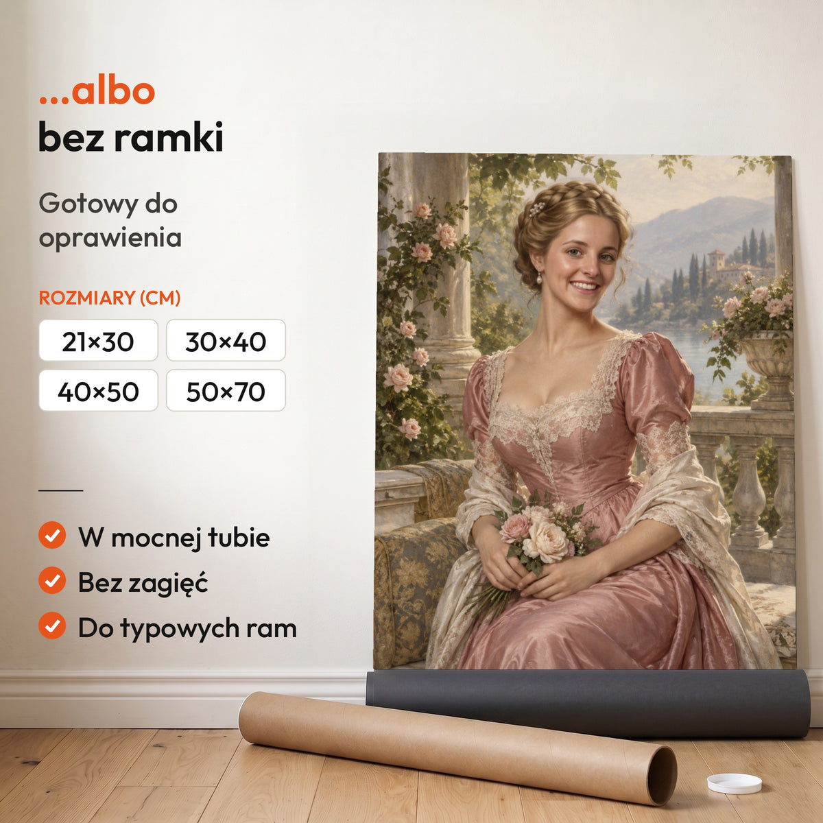 Księżna róż — plakat bez ramki, gotowy do oprawienia: rozwinięty z rolki, obok tuba do wysyłki. C-PL-ROY-19-2130-NF