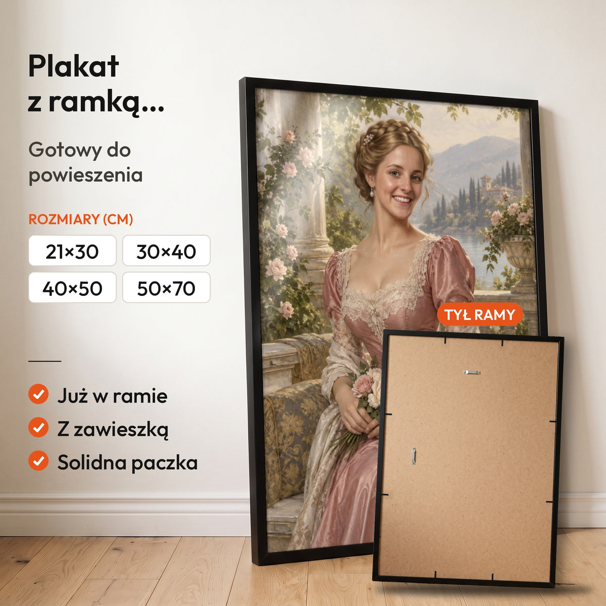 Księżna róż — plakat z ramką, gotowy do powieszenia: czarna rama od przodu i tył ramy z zawieszką. C-PL-ROY-19-2130-NF