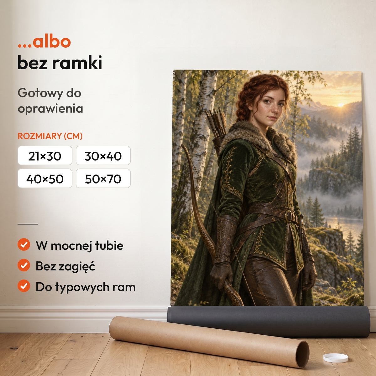 Łowczyni o świcie — plakat bez ramki, gotowy do oprawienia: rozwinięty z rolki, obok tuba do wysyłki. C-PL-ROY-18-2130-NF