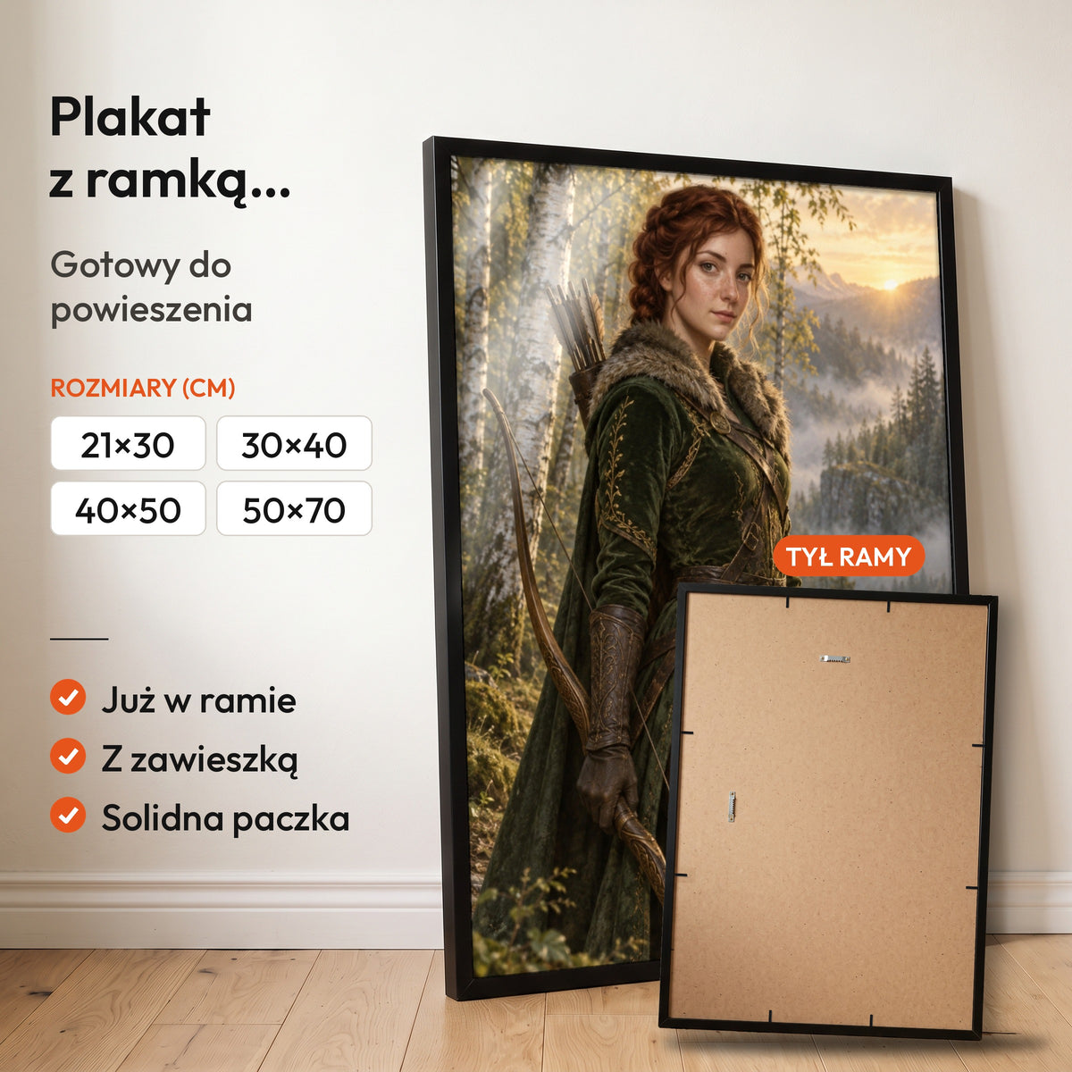Łowczyni o świcie — plakat z ramką, gotowy do powieszenia: czarna rama od przodu i tył ramy z zawieszką. C-PL-ROY-18-2130-NF