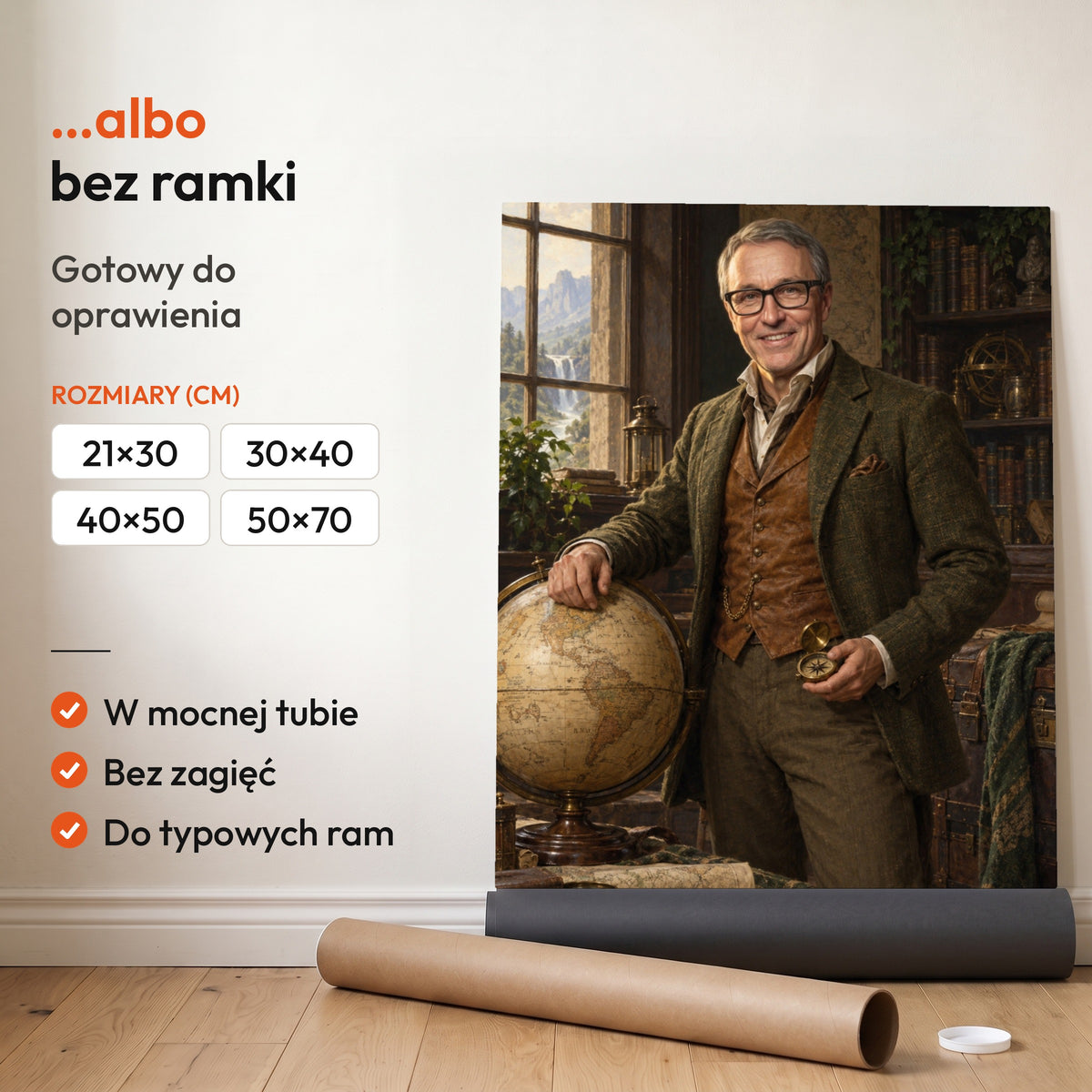Odkrywca świata — plakat bez ramki, gotowy do oprawienia: rozwinięty z rolki, obok tuba do wysyłki. C-PL-ROY-20-2130-NF