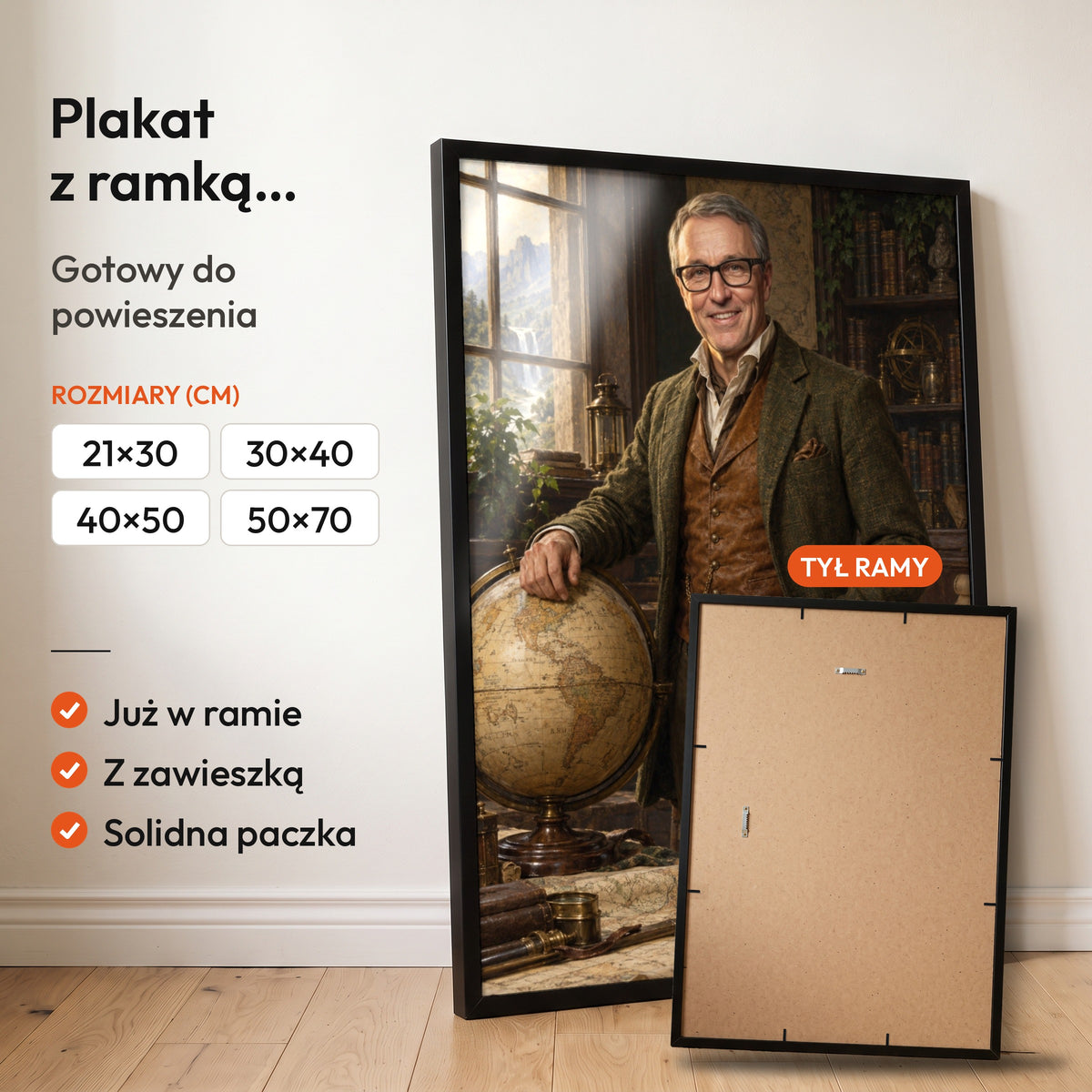 Odkrywca świata — plakat z ramką, gotowy do powieszenia: czarna rama od przodu i tył ramy z zawieszką. C-PL-ROY-20-2130-NF
