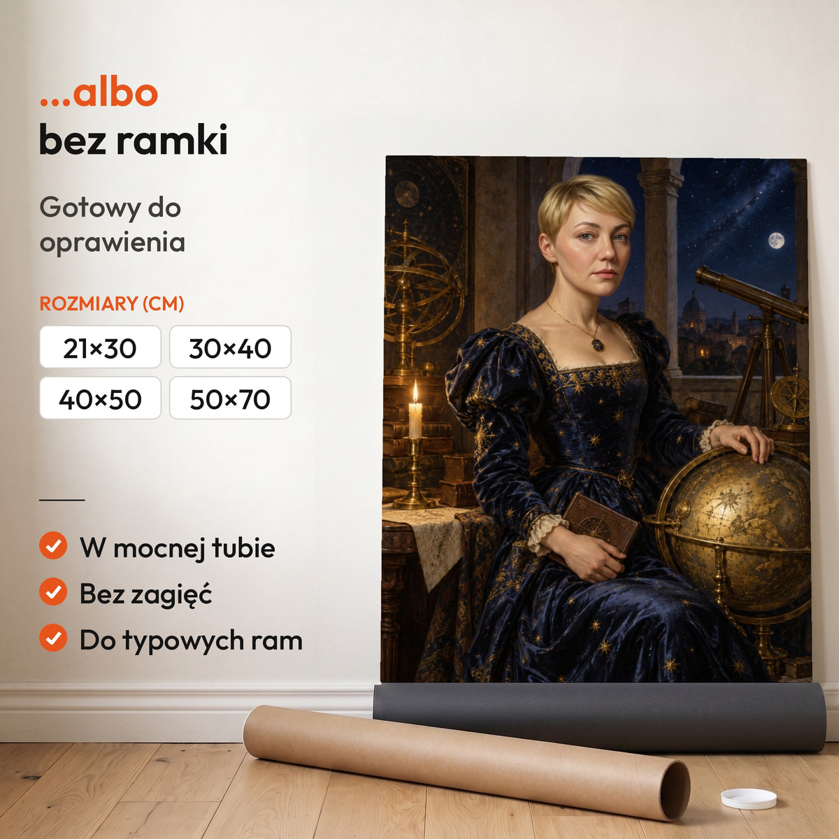 Pani gwiazd — plakat bez ramki, gotowy do oprawienia: rozwinięty z rolki, obok tuba do wysyłki. C-PL-ROY-17-2130-NF