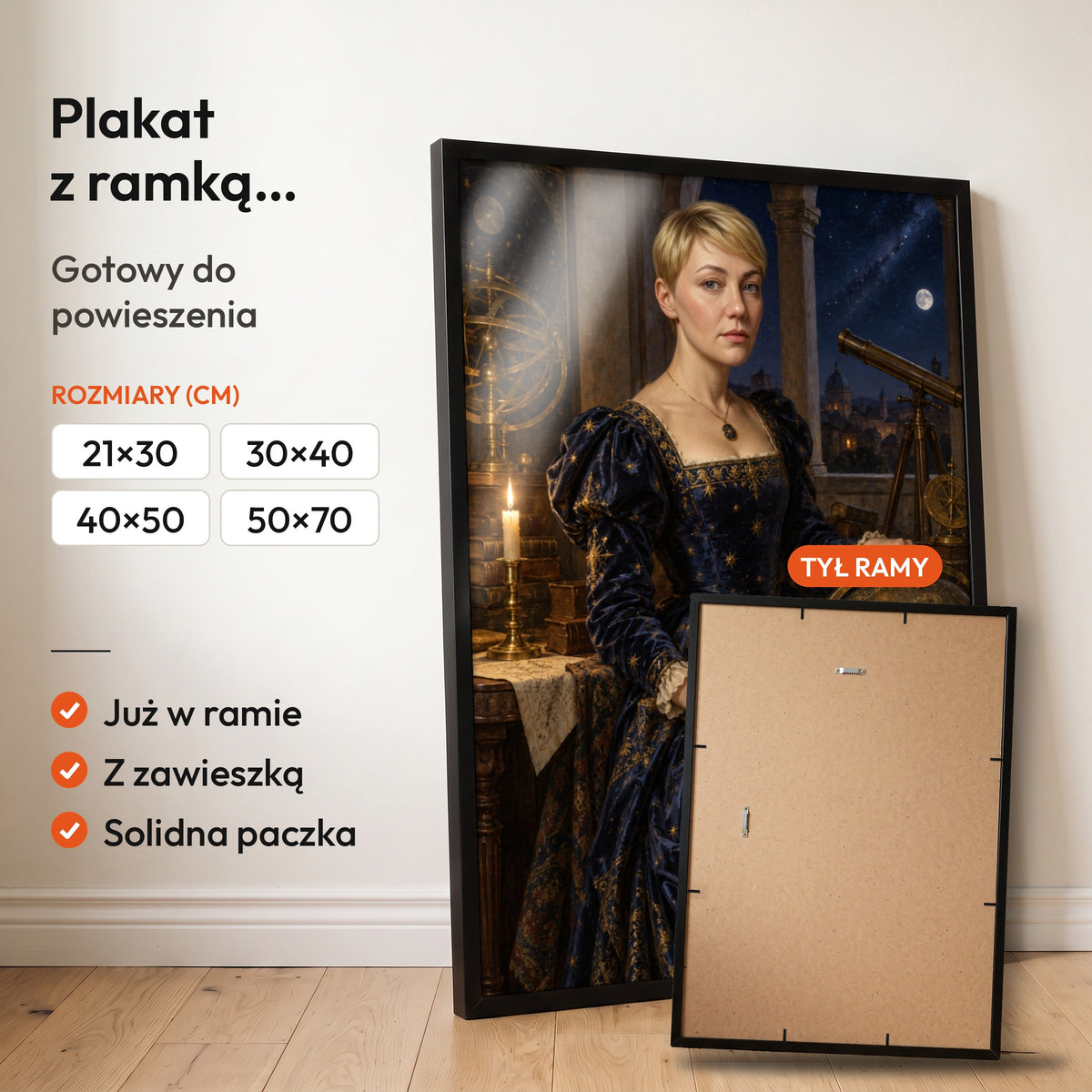 Pani gwiazd — plakat z ramką, gotowy do powieszenia: czarna rama od przodu i tył ramy z zawieszką. C-PL-ROY-17-2130-NF