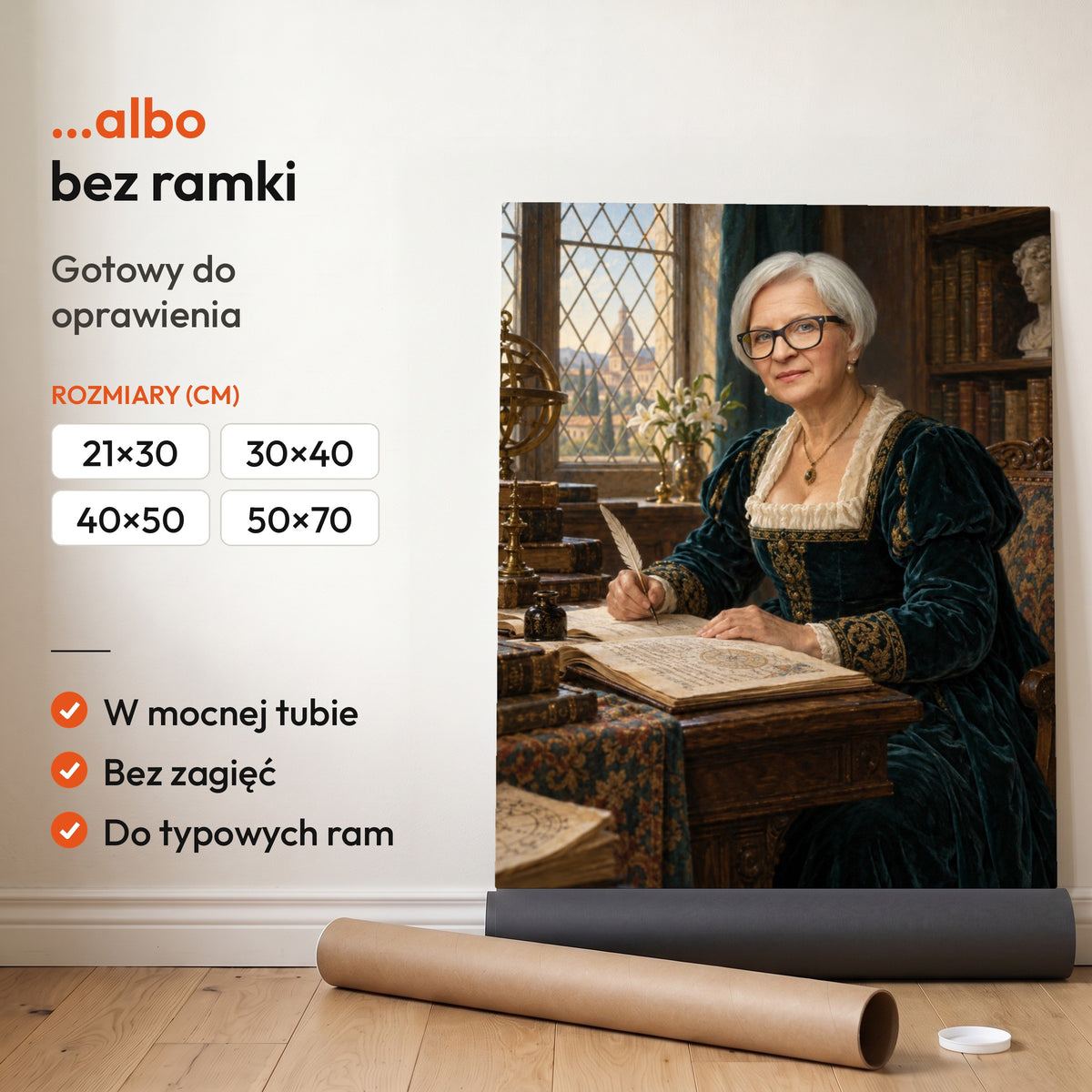 Renesansowa uczona — plakat bez ramki, gotowy do oprawienia: rozwinięty z rolki, obok tuba do wysyłki. C-PL-ROY-24-2130-NF