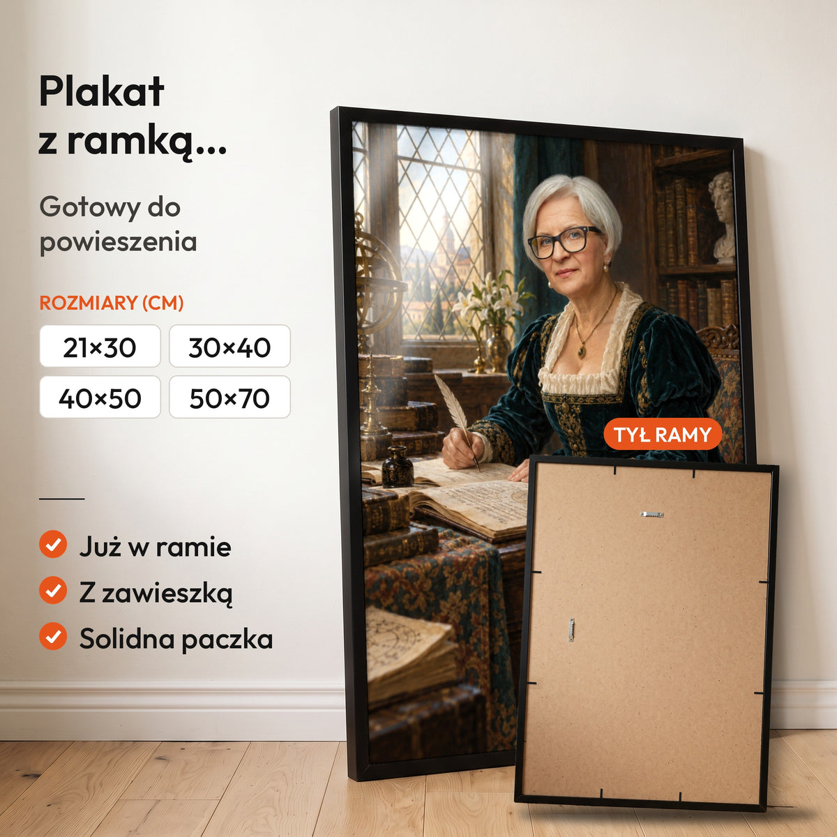 Renesansowa uczona — plakat z ramką, gotowy do powieszenia: czarna rama od przodu i tył ramy z zawieszką. C-PL-ROY-24-2130-NF