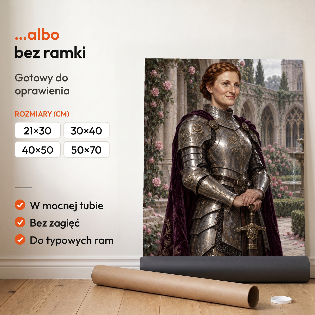 Rycerka róży — plakat bez ramki, gotowy do oprawienia: rozwinięty z rolki, obok tuba do wysyłki. C-PL-ROY-23-2130-NF