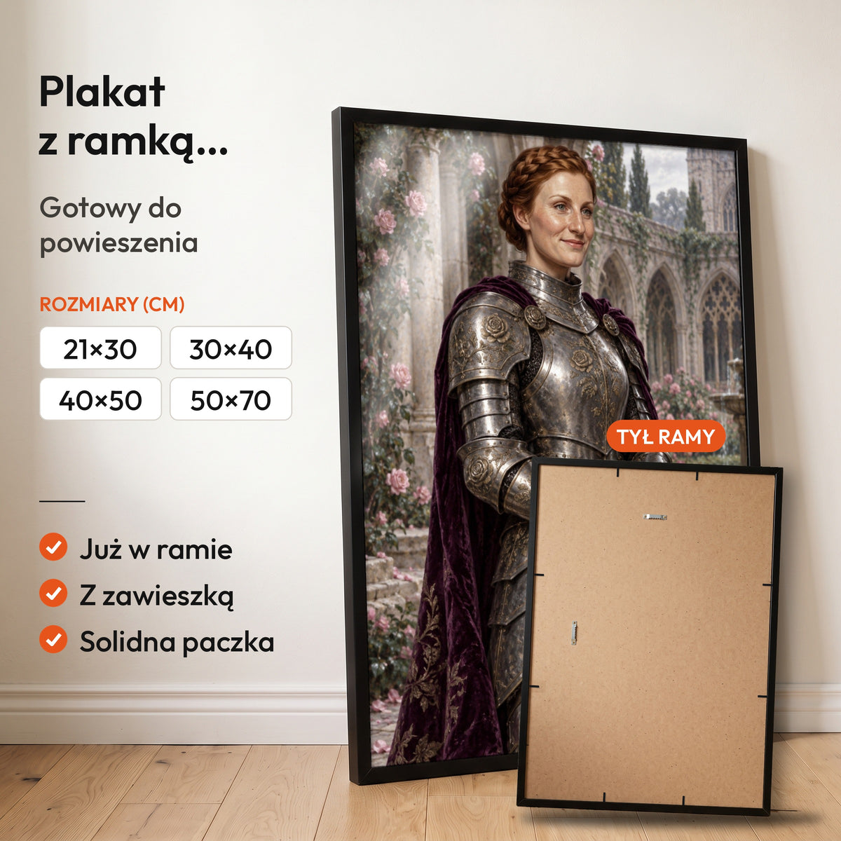 Rycerka róży — plakat z ramką, gotowy do powieszenia: czarna rama od przodu i tył ramy z zawieszką. C-PL-ROY-23-2130-NF
