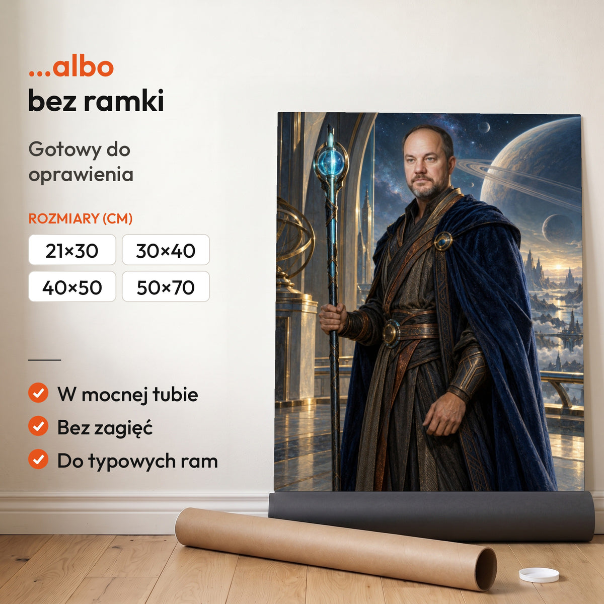 Strażnik galaktyki — plakat bez ramki, gotowy do oprawienia: rozwinięty z rolki, obok tuba do wysyłki. C-PL-ROY-09-2130-NF