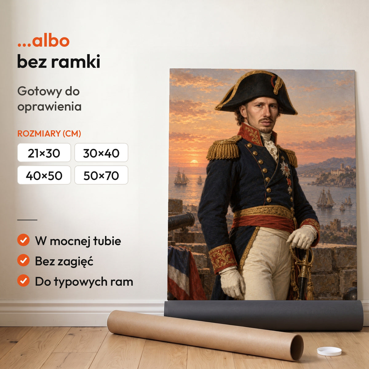 Wielki generał — plakat bez ramki, gotowy do oprawienia: rozwinięty z rolki, obok tuba do wysyłki. C-PL-ROY-12-2130-NF