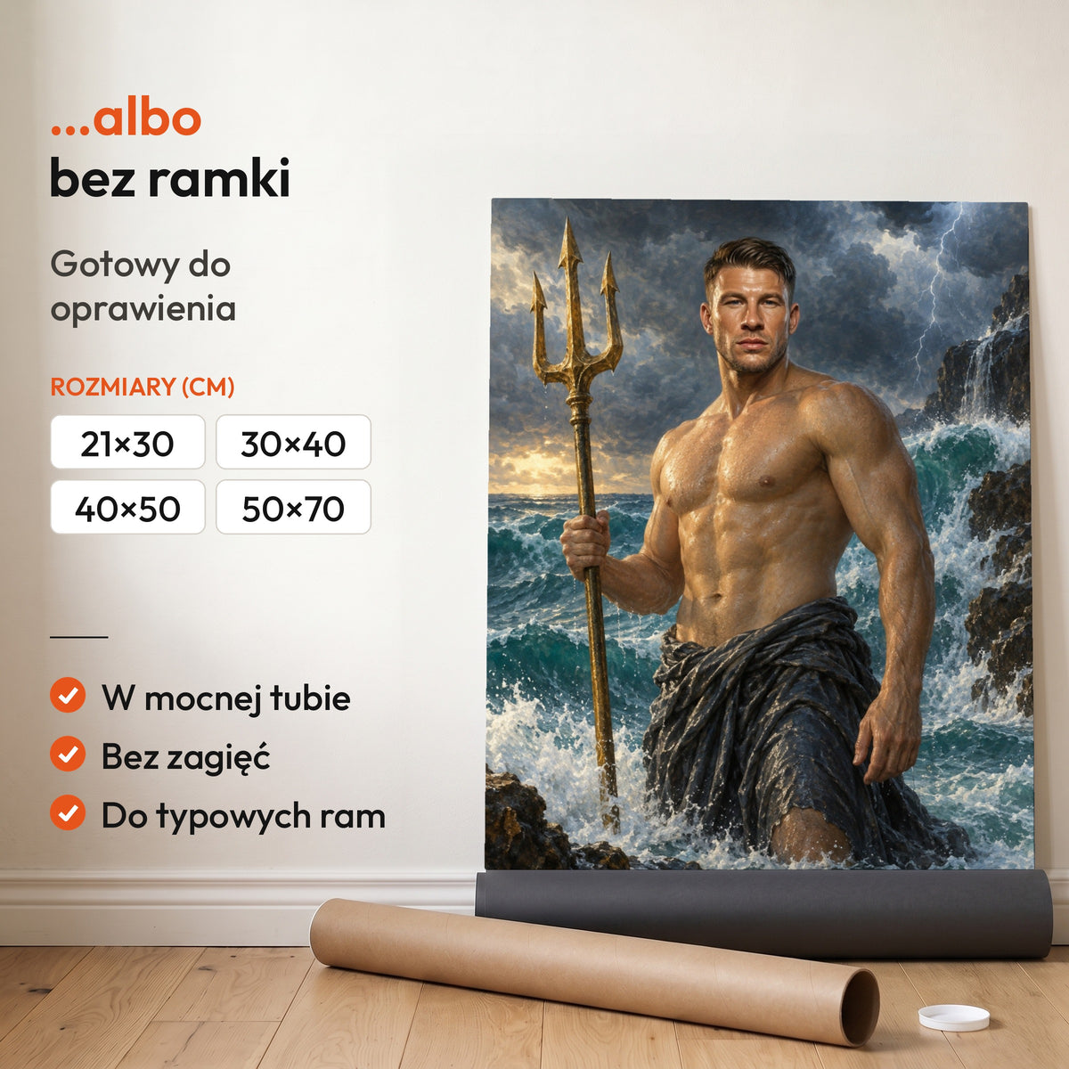 Władca oceanów — plakat bez ramki, gotowy do oprawienia: rozwinięty z rolki, obok tuba do wysyłki. C-PL-ROY-06-2130-NF
