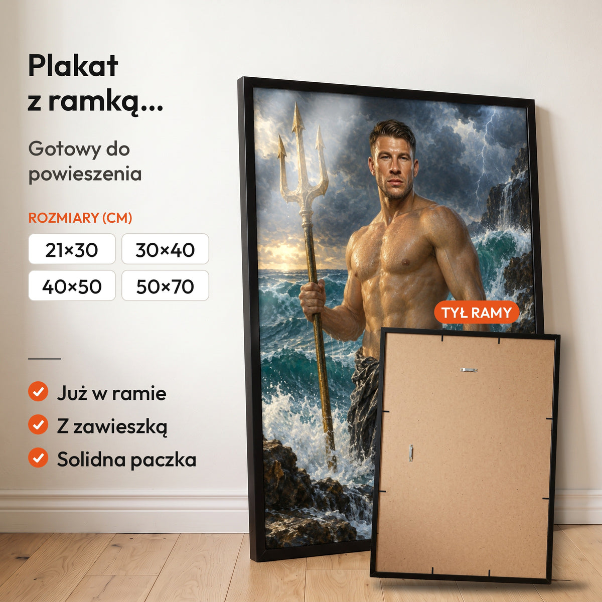 Władca oceanów — plakat z ramką, gotowy do powieszenia: czarna rama od przodu i tył ramy z zawieszką. C-PL-ROY-06-2130-NF