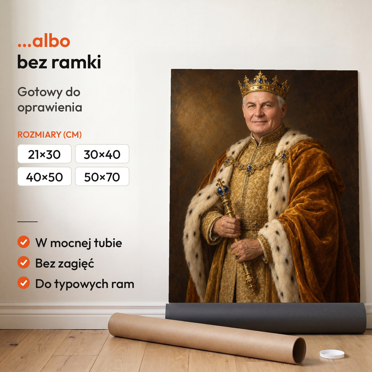 Złoty monarcha — plakat bez ramki, gotowy do oprawienia: rozwinięty z rolki, obok tuba do wysyłki. C-PL-ROY-14-2130-NF