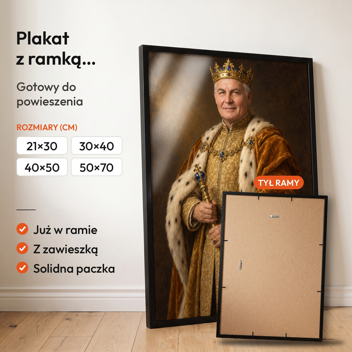 Złoty monarcha — plakat z ramką, gotowy do powieszenia: czarna rama od przodu i tył ramy z zawieszką. C-PL-ROY-14-2130-NF
