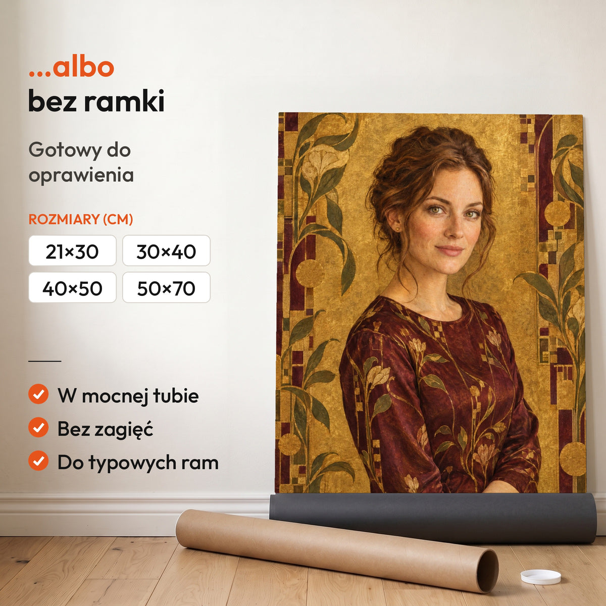 Złota secesja — plakat bez ramki, gotowy do oprawienia: rozwinięty z rolki, obok tuba do wysyłki. C-PL-AI-3-2130-NF