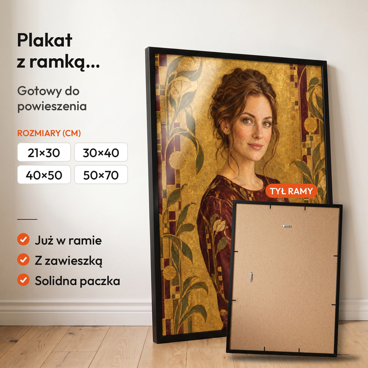 Złota secesja — plakat z ramką, gotowy do powieszenia: czarna rama od przodu i tył ramy z zawieszką. C-PL-AI-3-2130-NF
