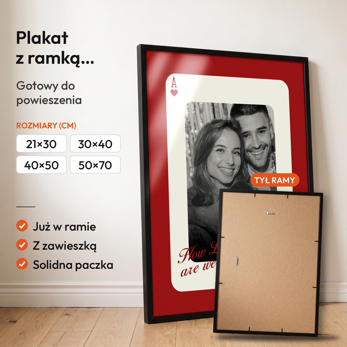 As Serca — plakat z ramką, gotowy do powieszenia: czarna rama od przodu i tył ramy z zawieszką. C-PL-HEART-4-2130-NF