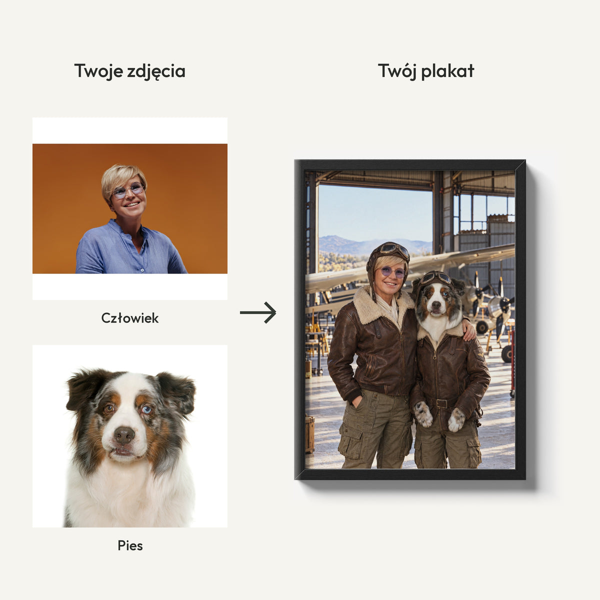 Asy Przestworzy — plakat z psem — dwa zdjęcia człowieka i pupila oraz gotowy wspólny portret C-PL-ROY-PET-06-2130-NF