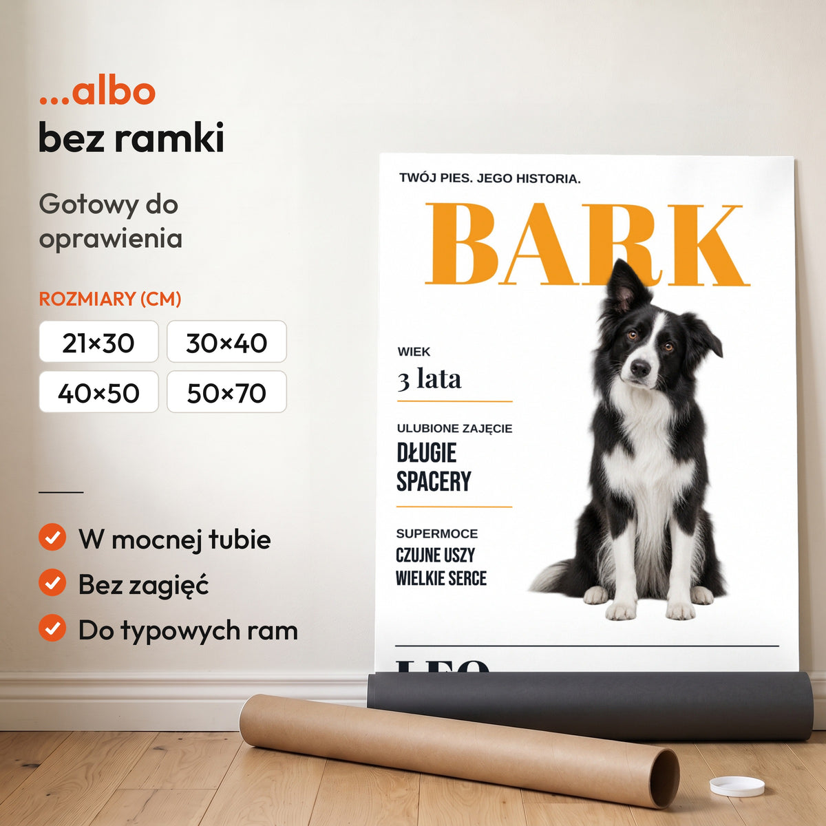 BARK — plakat bez ramki, gotowy do oprawienia: rozwinięty z rolki, obok tuba do wysyłki. C-PL-PET-2-2130-NF