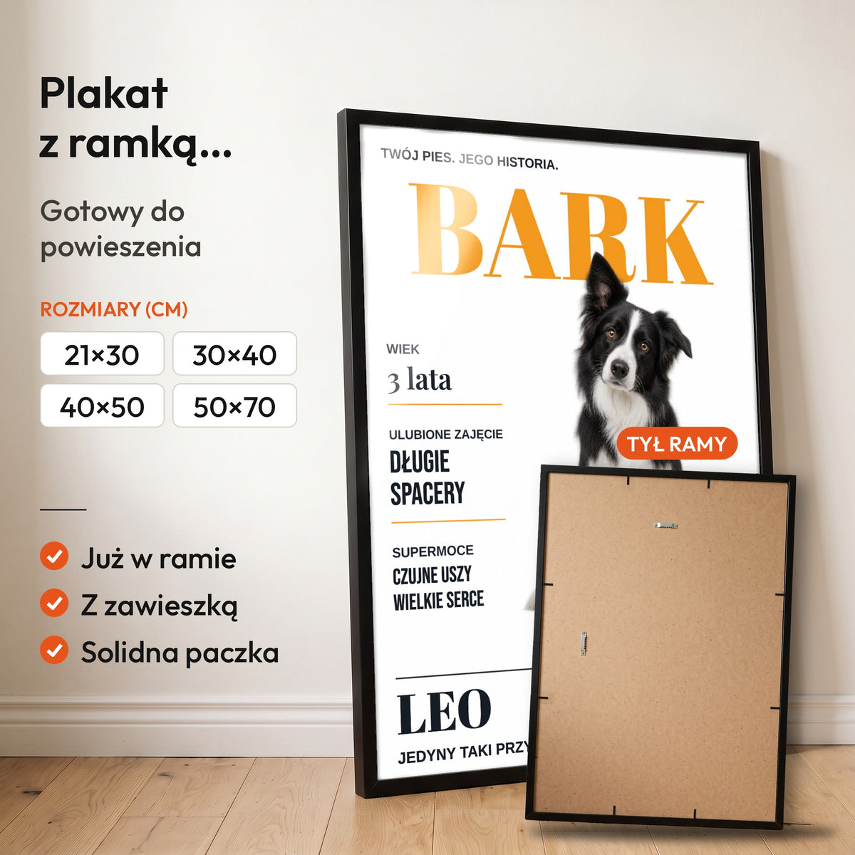 BARK — plakat z ramką, gotowy do powieszenia: czarna rama od przodu i tył ramy z zawieszką. C-PL-PET-2-2130-NF