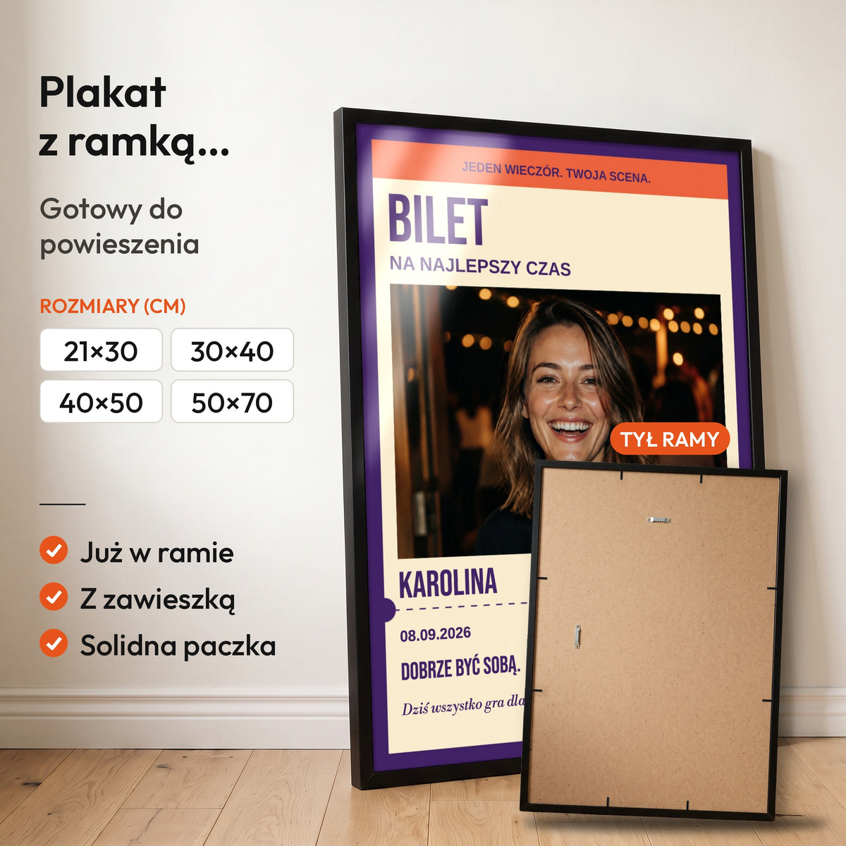 BILET — plakat z ramką, gotowy do powieszenia: czarna rama od przodu i tył ramy z zawieszką. C-PL-URODZ-30-3-2130-NF
