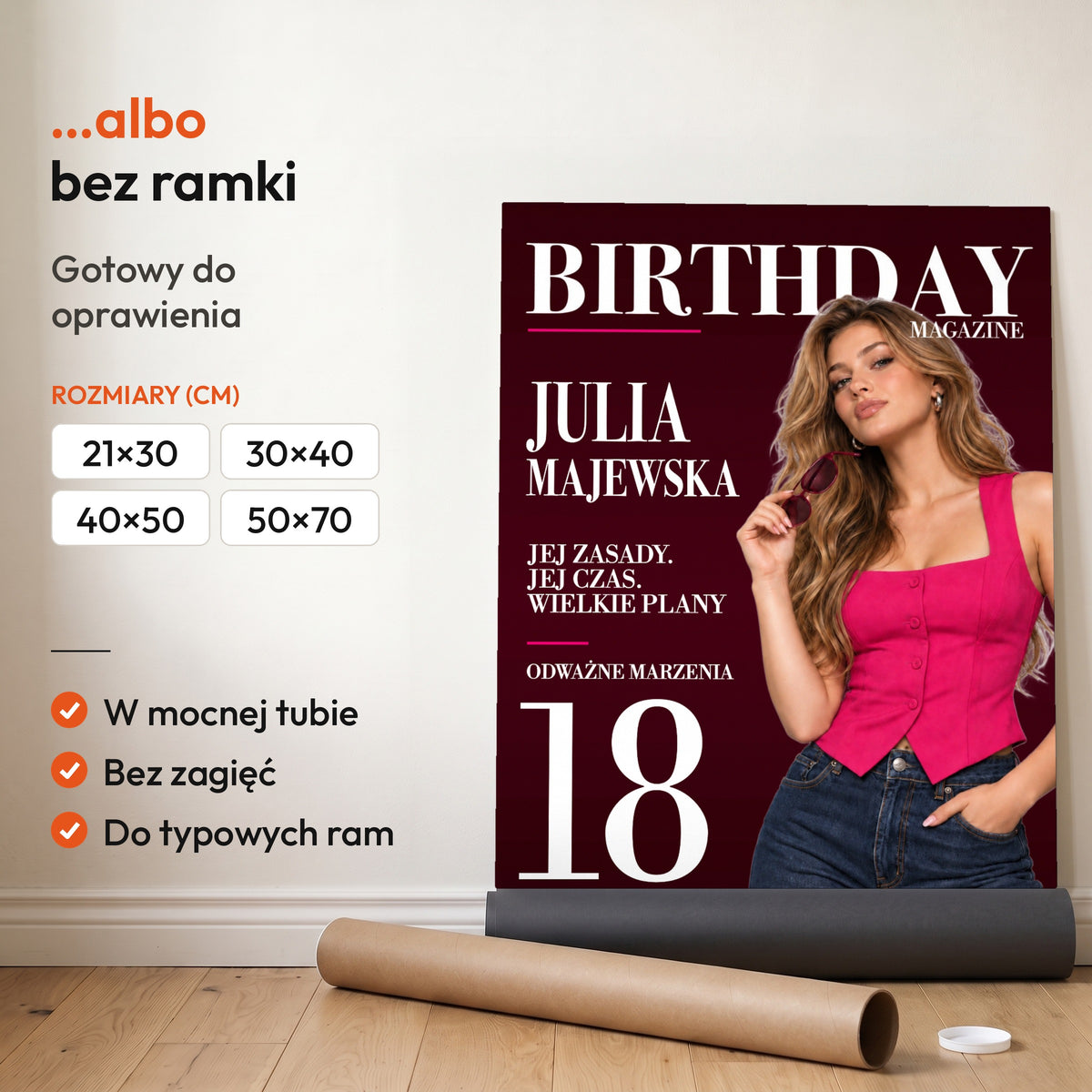 BIRTHDAY — plakat bez ramki, gotowy do oprawienia: rozwinięty z rolki, obok tuba do wysyłki. C-PL-COVMAG-13-2130-NF