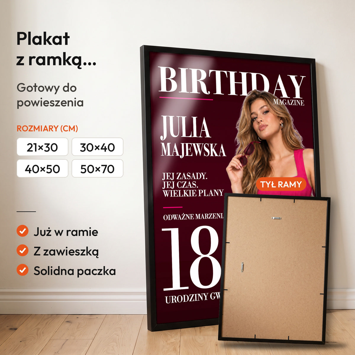 BIRTHDAY — plakat z ramką, gotowy do powieszenia: czarna rama od przodu i tył ramy z zawieszką. C-PL-COVMAG-13-2130-NF