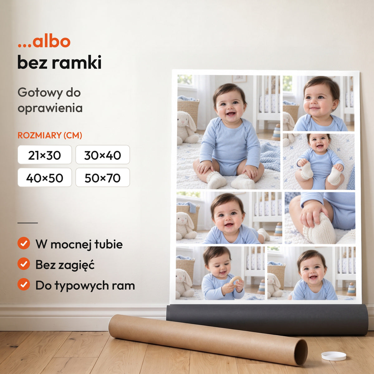 Cały Mój Świat — plakat bez ramki, gotowy do oprawienia: rozwinięty z rolki, obok tuba do wysyłki. C-PL-BABY-1-2130-NF