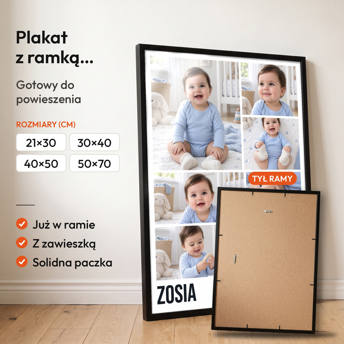 Cały Mój Świat — plakat z ramką, gotowy do powieszenia: czarna rama od przodu i tył ramy z zawieszką. C-PL-BABY-1-2130-NF