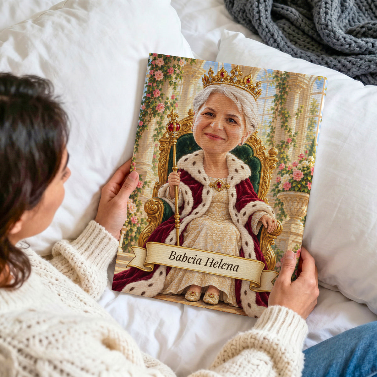 Królowa Babcia – personalizowana karykatura z dedykacją na płótnie oglądana z bliska w dłoniach na tle jasnej pościeli C-CV-KAR-07-2030