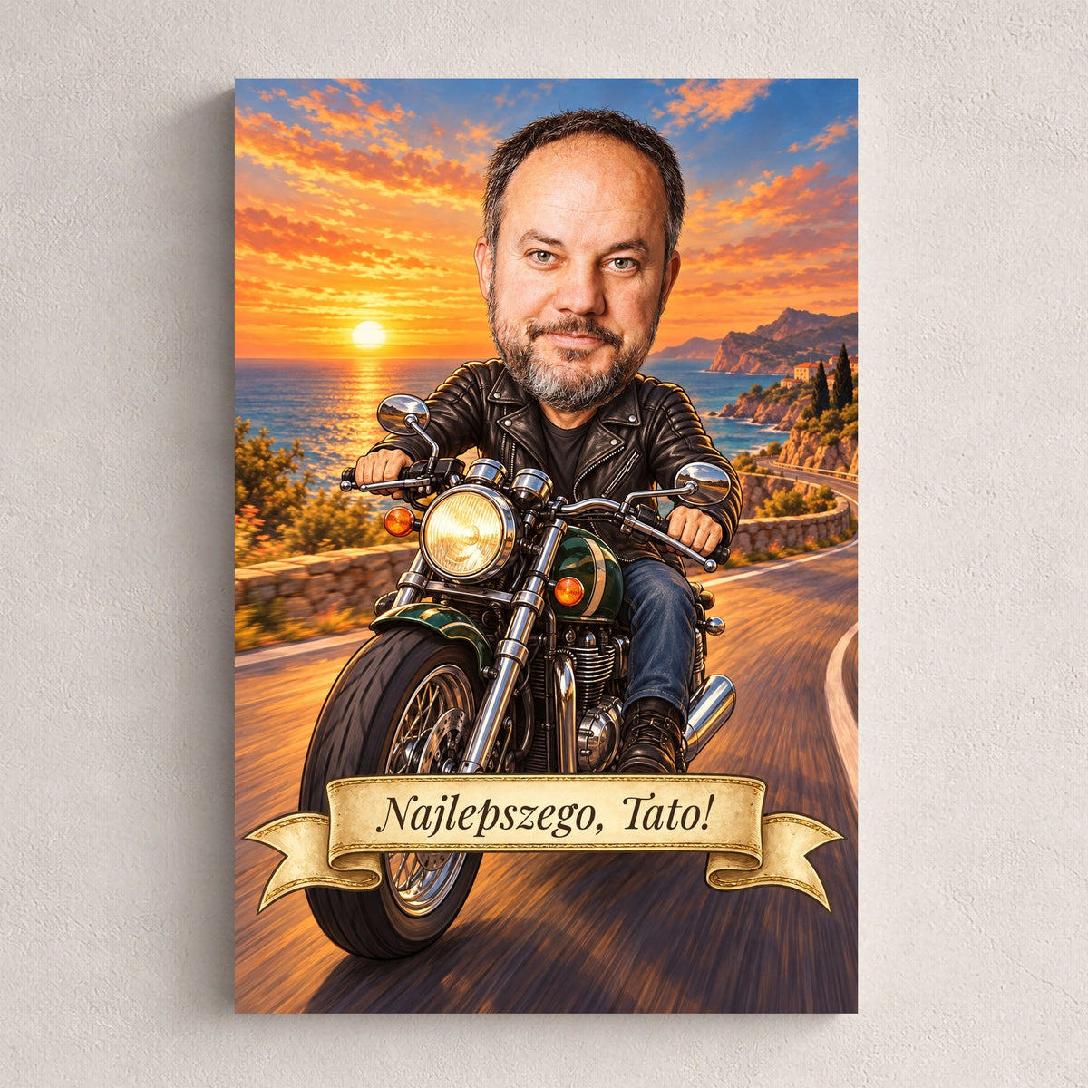 Motocyklista – personalizowana karykatura na płótnie z dedykacją, widok całego obrazu