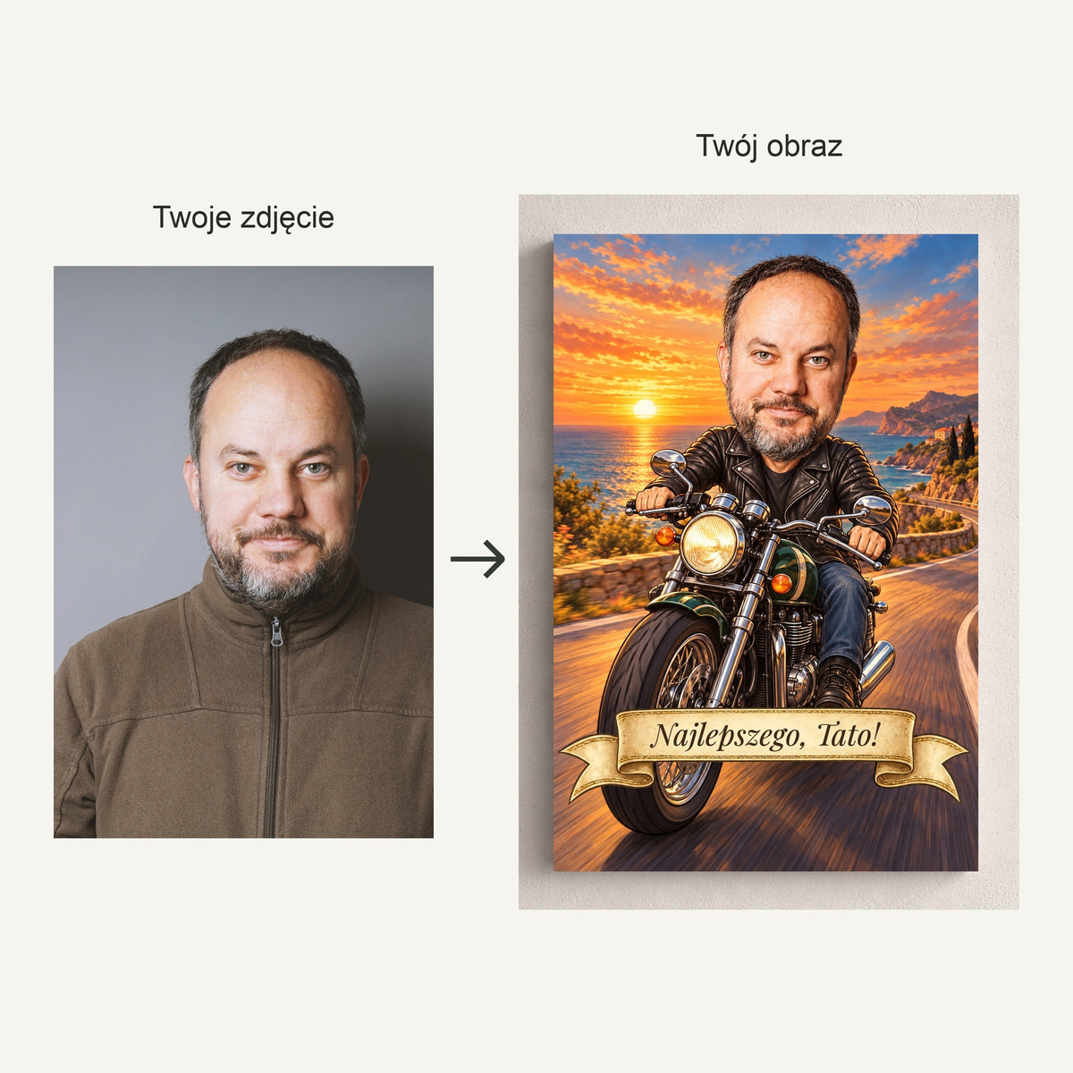 Motocyklista – porównanie zdjęcia źródłowego z personalizowaną karykaturą na płótnie C-CV-KAR-06-2030