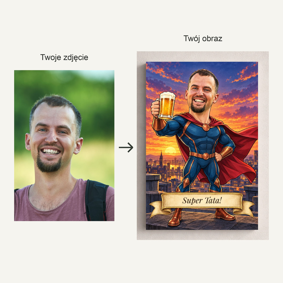 Super Tata – porównanie zdjęcia źródłowego z personalizowaną karykaturą na płótnie C-CV-KAR-08-2030